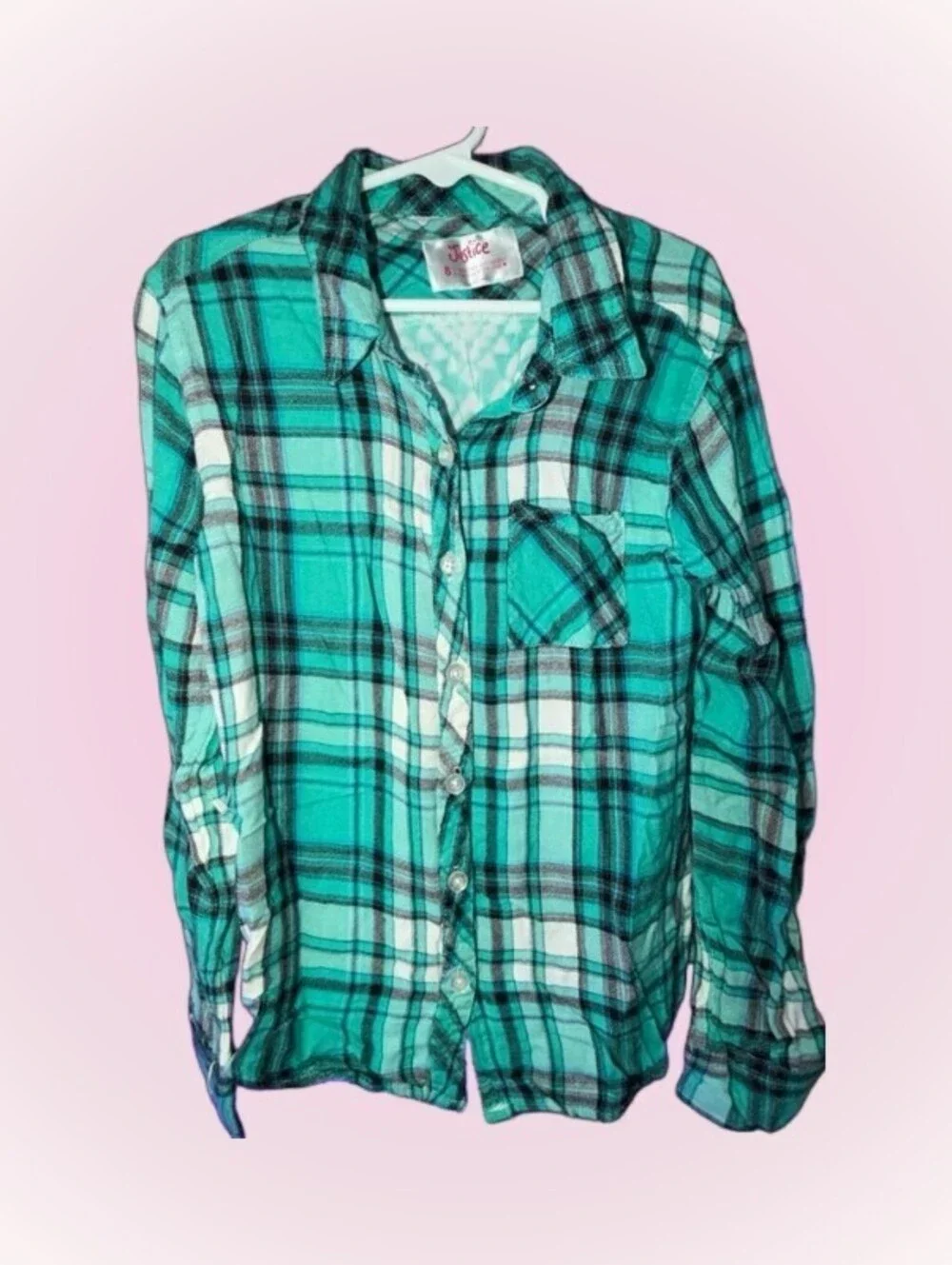 Girls Size 8 Teal, Black & White Plaid Long Sleeve Button Up Shirt by Justice